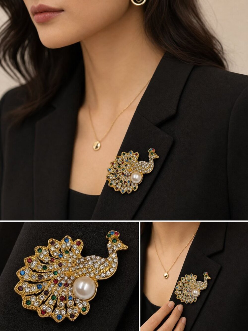 Retro Bejeweled Peacock Bird Statement Pin Gold Tone Pearl Accent